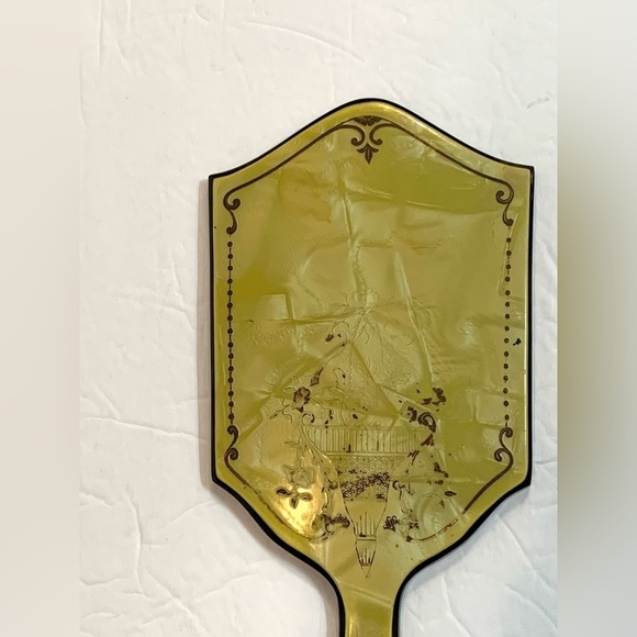 Vintage Beveled Vanity Hand Mirror Yellow Celluloid Art Deco Victorian - Picture 8 of 8